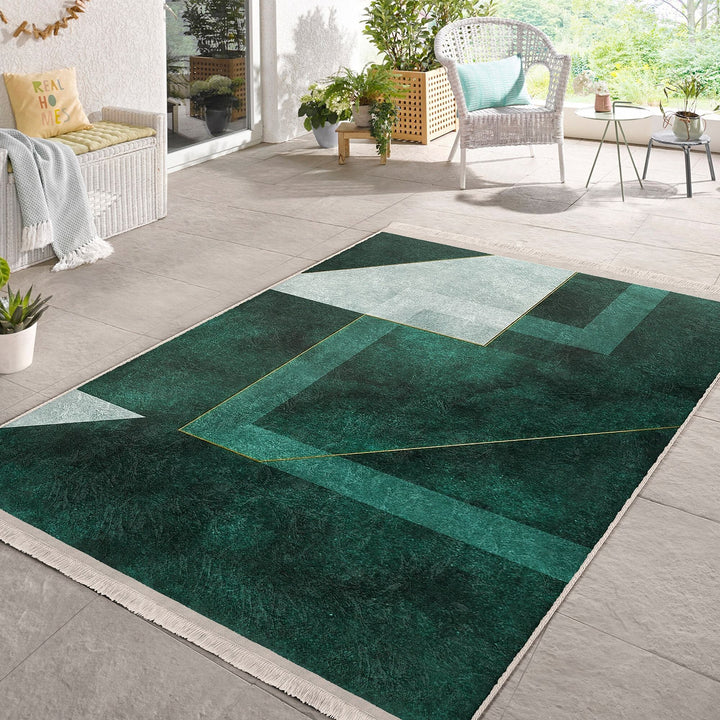 Abstract Green Rug|Stylish Area Carpet|Decorative Carpet|Machine-Washable Fringed Non-Slip Rug|Multi-Purpose Anti-Slip Floor Covering Rug
