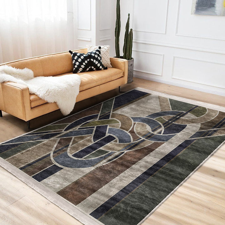 Abstract Area Rug|Boho Style Carpet|Machine-Washable Fringed Non-Slip Rug|Decorative Multi-Purpose Anti-Slip Mat|Geometric Floor Covering