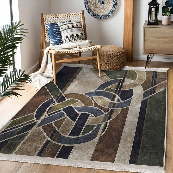 Abstract Area Rug|Boho Style Carpet|Machine-Washable Fringed Non-Slip Rug|Decorative Multi-Purpose Anti-Slip Mat|Geometric Floor Covering