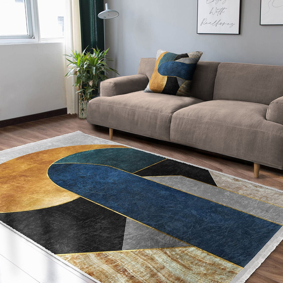 Abstract Shapes Rug|Boho Home Decor|Machine-Washable Fringed Non-Slip Mat|Avantgarde Multi-Purpose Anti-Slip Carpet|Stylish Living Room Rug