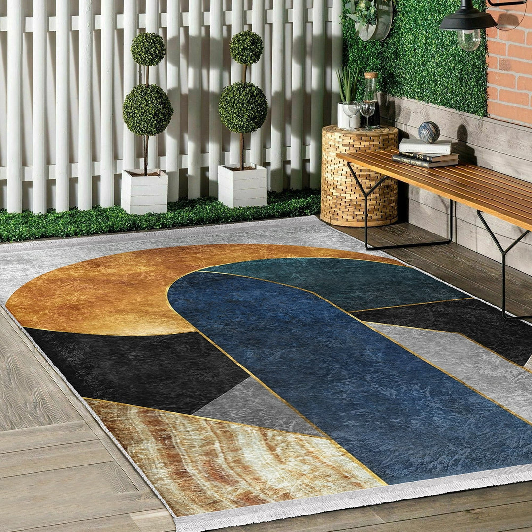 Abstract Shapes Rug|Boho Home Decor|Machine-Washable Fringed Non-Slip Mat|Avantgarde Multi-Purpose Anti-Slip Carpet|Stylish Living Room Rug