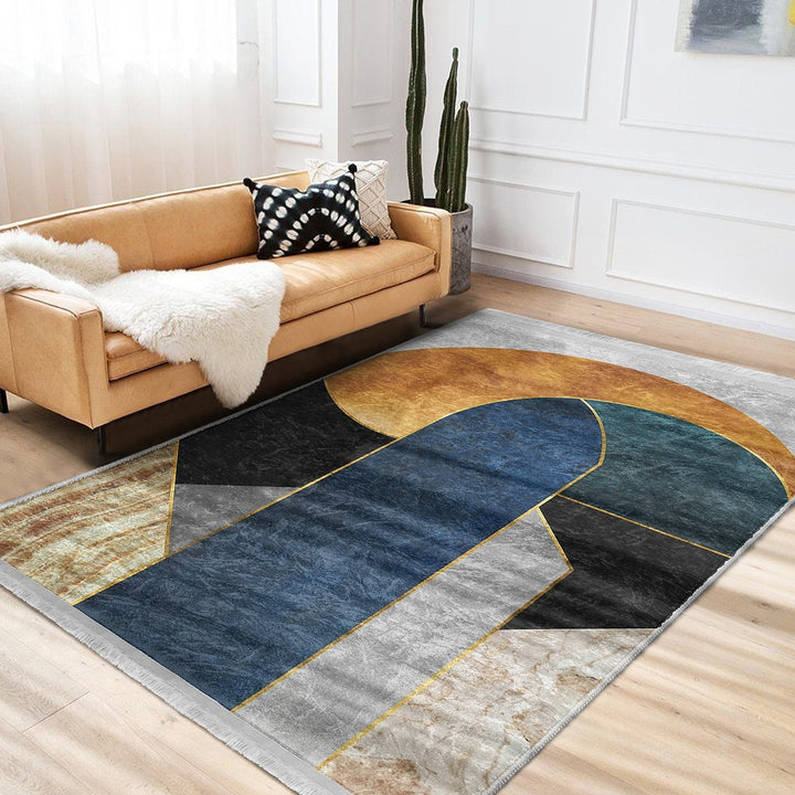 Abstract Shapes Rug|Boho Home Decor|Machine-Washable Fringed Non-Slip Mat|Avantgarde Multi-Purpose Anti-Slip Carpet|Stylish Living Room Rug