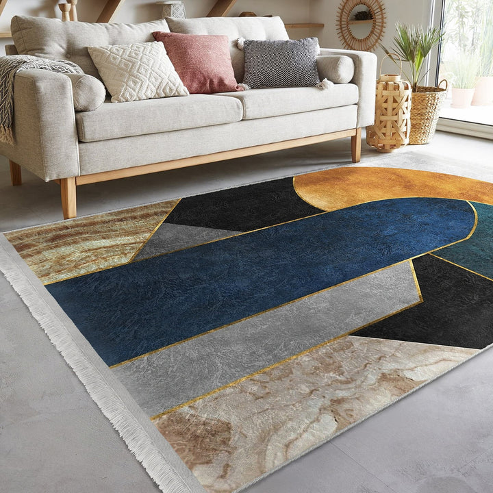 Abstract Shapes Rug|Boho Home Decor|Machine-Washable Fringed Non-Slip Mat|Avantgarde Multi-Purpose Anti-Slip Carpet|Stylish Living Room Rug