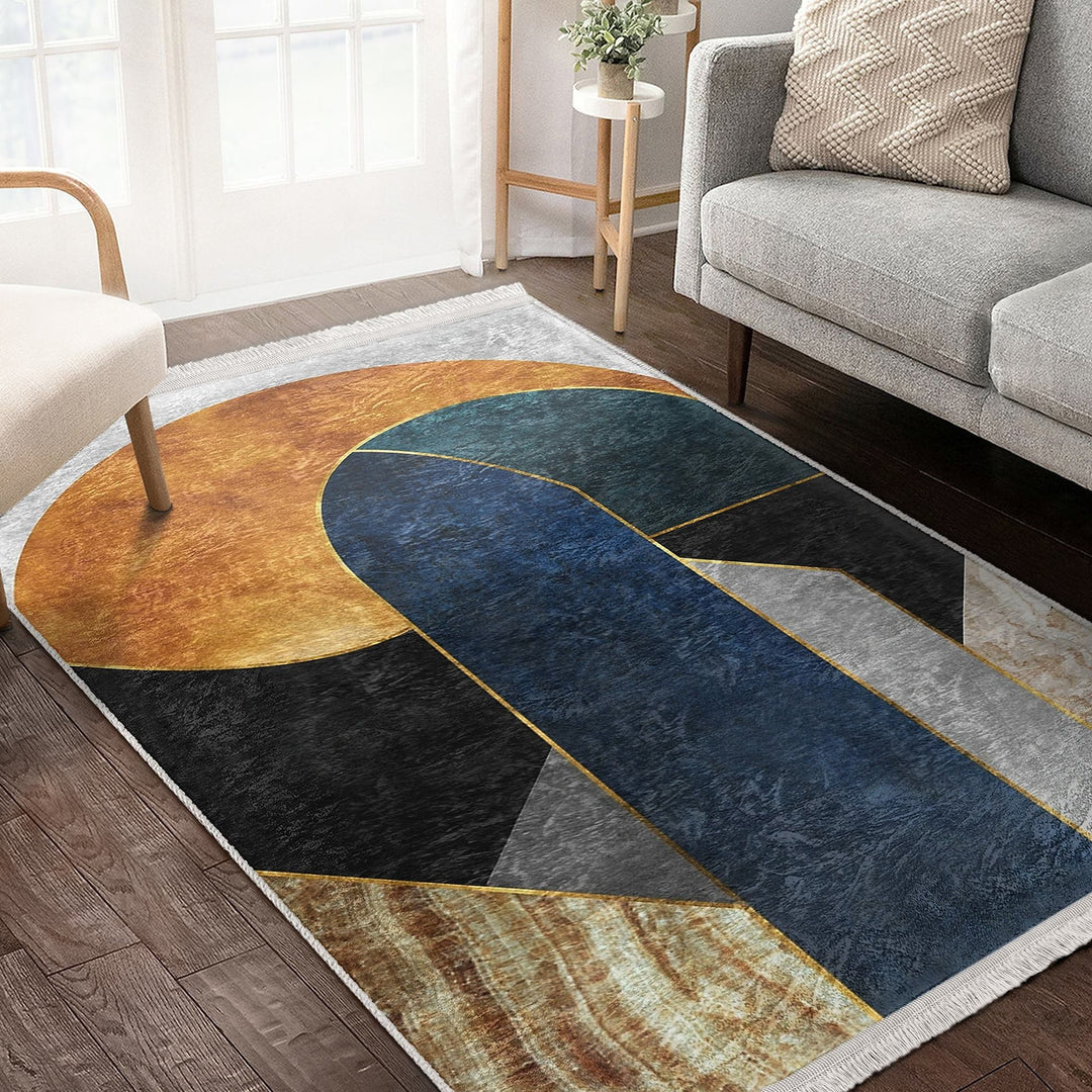 Abstract Shapes Rug|Boho Home Decor|Machine-Washable Fringed Non-Slip Mat|Avantgarde Multi-Purpose Anti-Slip Carpet|Stylish Living Room Rug