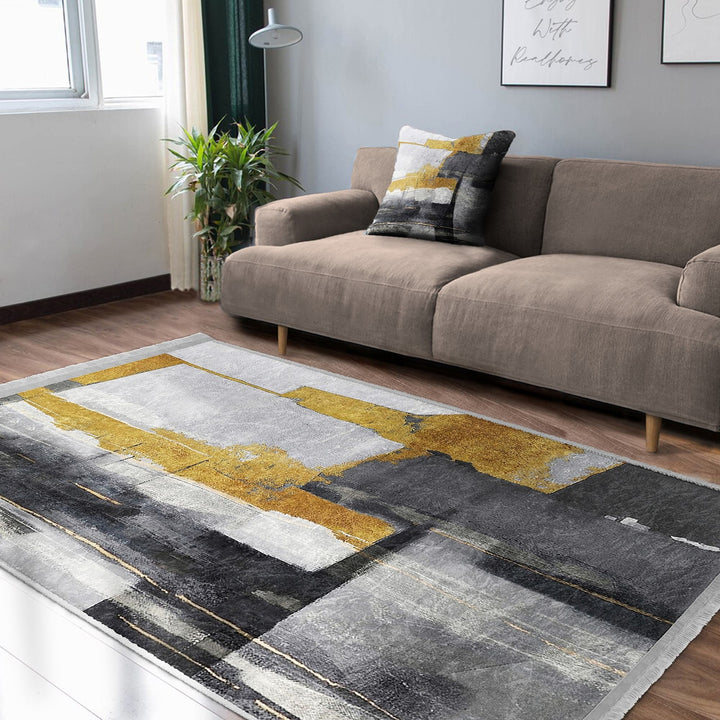 Abstract Area Rug|Gray Yellow Carpet|Machine-Washable Fringed Non-Slip Rug|Farmhouse Multi-Purpose Anti-Slip Carpet|Stylish Living Room Mat