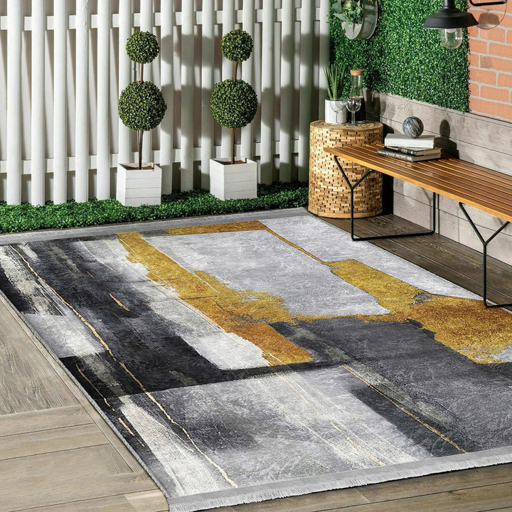 Abstract Area Rug|Gray Yellow Carpet|Machine-Washable Fringed Non-Slip Rug|Farmhouse Multi-Purpose Anti-Slip Carpet|Stylish Living Room Mat