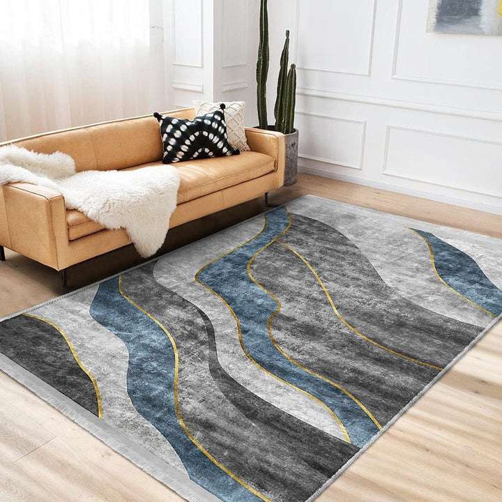Abstract Area Rug|Gray Blue Carpet|Machine-Washable Fringed Non-Slip Mat|Farmhouse Multi-Purpose Anti-Slip Carpet|Bohemian Living Room Rug