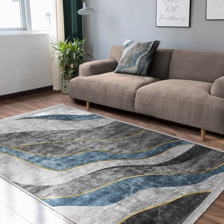Abstract Area Rug|Gray Blue Carpet|Machine-Washable Fringed Non-Slip Mat|Farmhouse Multi-Purpose Anti-Slip Carpet|Bohemian Living Room Rug