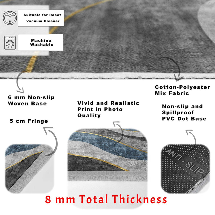 Abstract Area Rug|Gray Blue Carpet|Machine-Washable Fringed Non-Slip Mat|Farmhouse Multi-Purpose Anti-Slip Carpet|Bohemian Living Room Rug