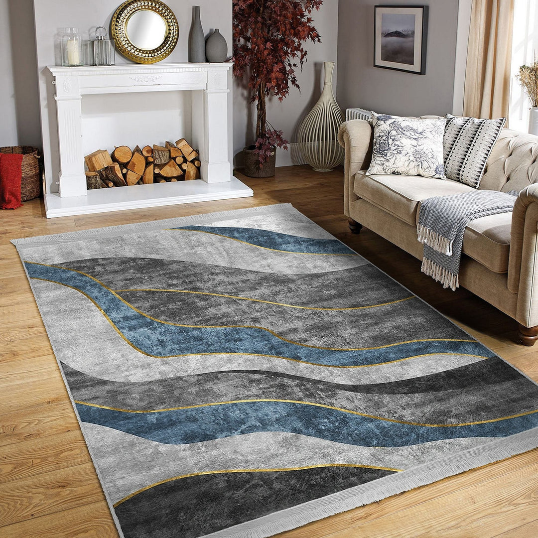 Abstract Area Rug|Gray Blue Carpet|Machine-Washable Fringed Non-Slip Mat|Farmhouse Multi-Purpose Anti-Slip Carpet|Bohemian Living Room Rug