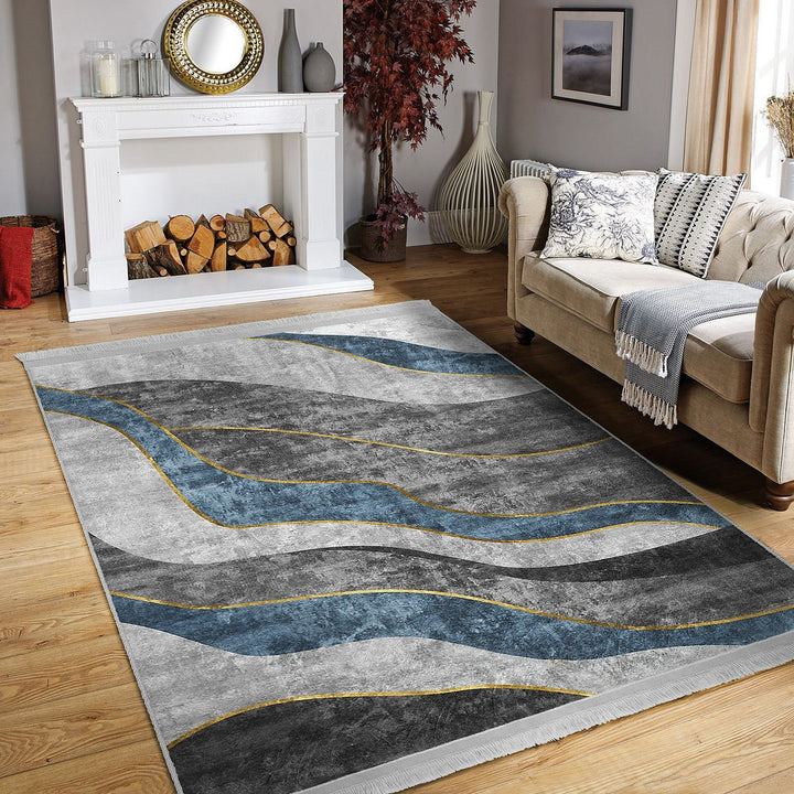 Abstract Area Rug|Gray Blue Carpet|Machine-Washable Fringed Non-Slip Mat|Farmhouse Multi-Purpose Anti-Slip Carpet|Bohemian Living Room Rug