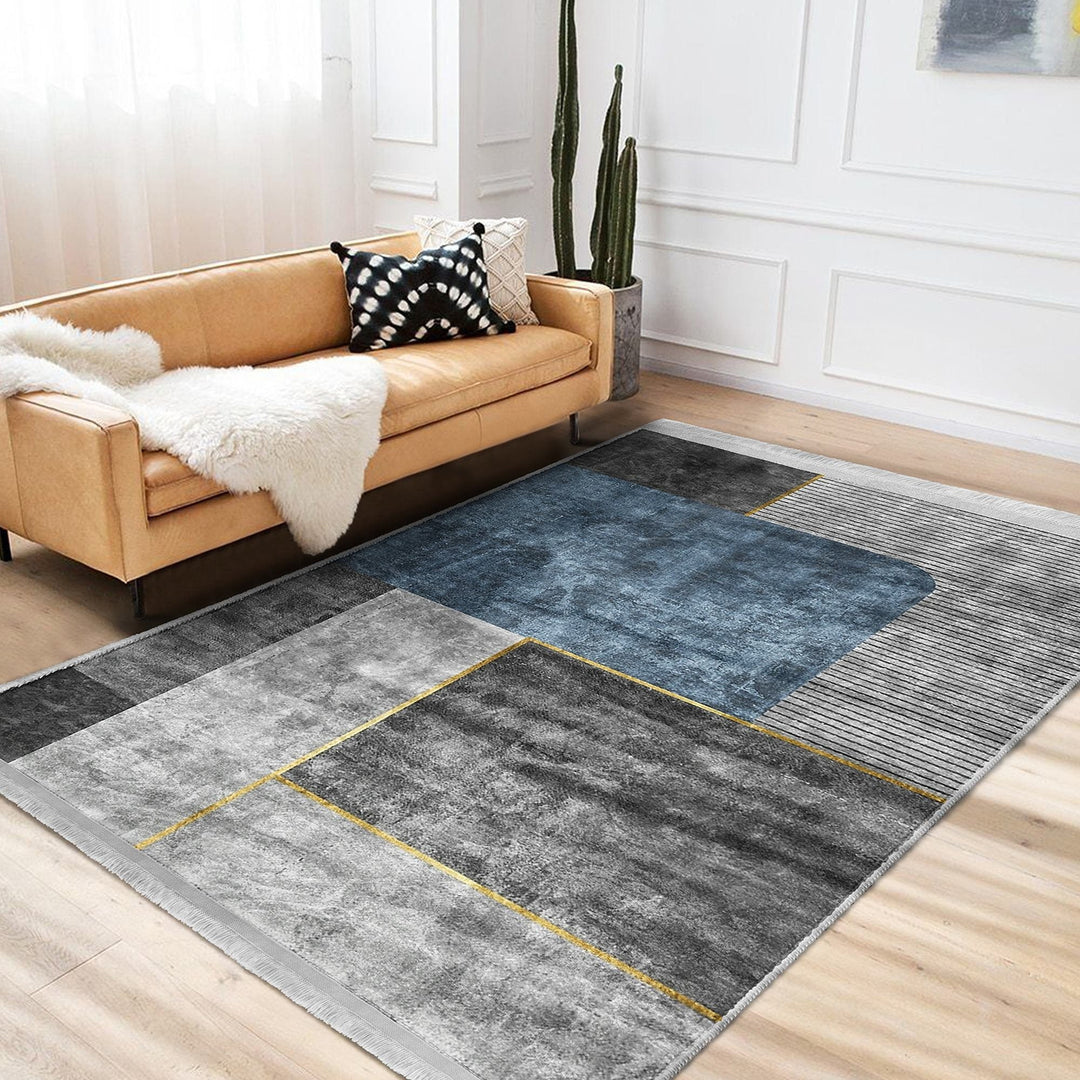 Stylish Area Rug|Abstract Boho Carpet|Machine-Washable Fringed Non-Slip Mat|Modern Multi-Purpose Anti-Slip Carpet|Gray Blue Living Room Rug