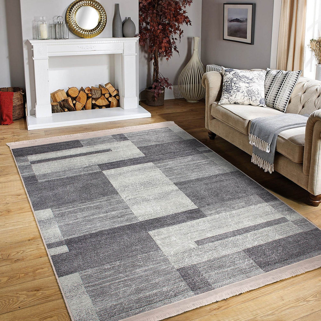 Abstract Area Rug|Gray Cream Carpet|Machine-Washable Fringed Non-Slip Mat|Farmhouse Multi-Purpose Anti-Slip Carpet|Geometric Living Room Rug