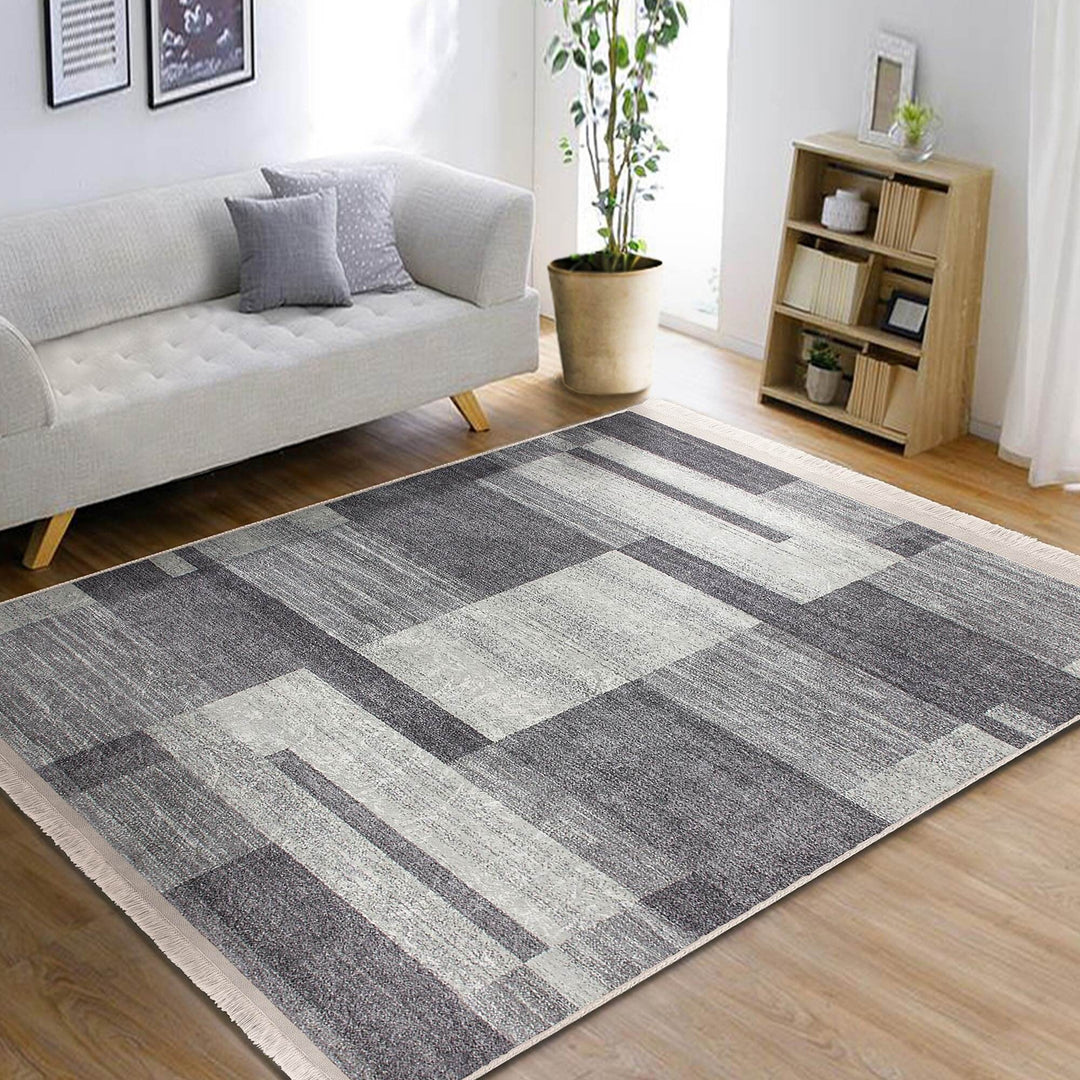 Abstract Area Rug|Gray Cream Carpet|Machine-Washable Fringed Non-Slip Mat|Farmhouse Multi-Purpose Anti-Slip Carpet|Geometric Living Room Rug