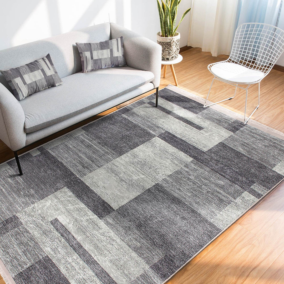Abstract Area Rug|Gray Cream Carpet|Machine-Washable Fringed Non-Slip Mat|Farmhouse Multi-Purpose Anti-Slip Carpet|Geometric Living Room Rug