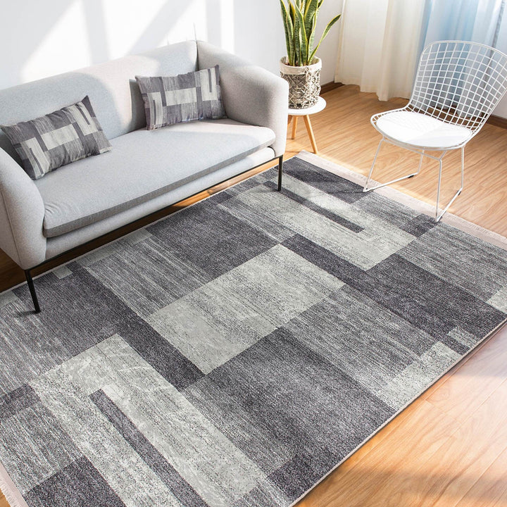 Abstract Area Rug|Gray Cream Carpet|Machine-Washable Fringed Non-Slip Mat|Farmhouse Multi-Purpose Anti-Slip Carpet|Geometric Living Room Rug