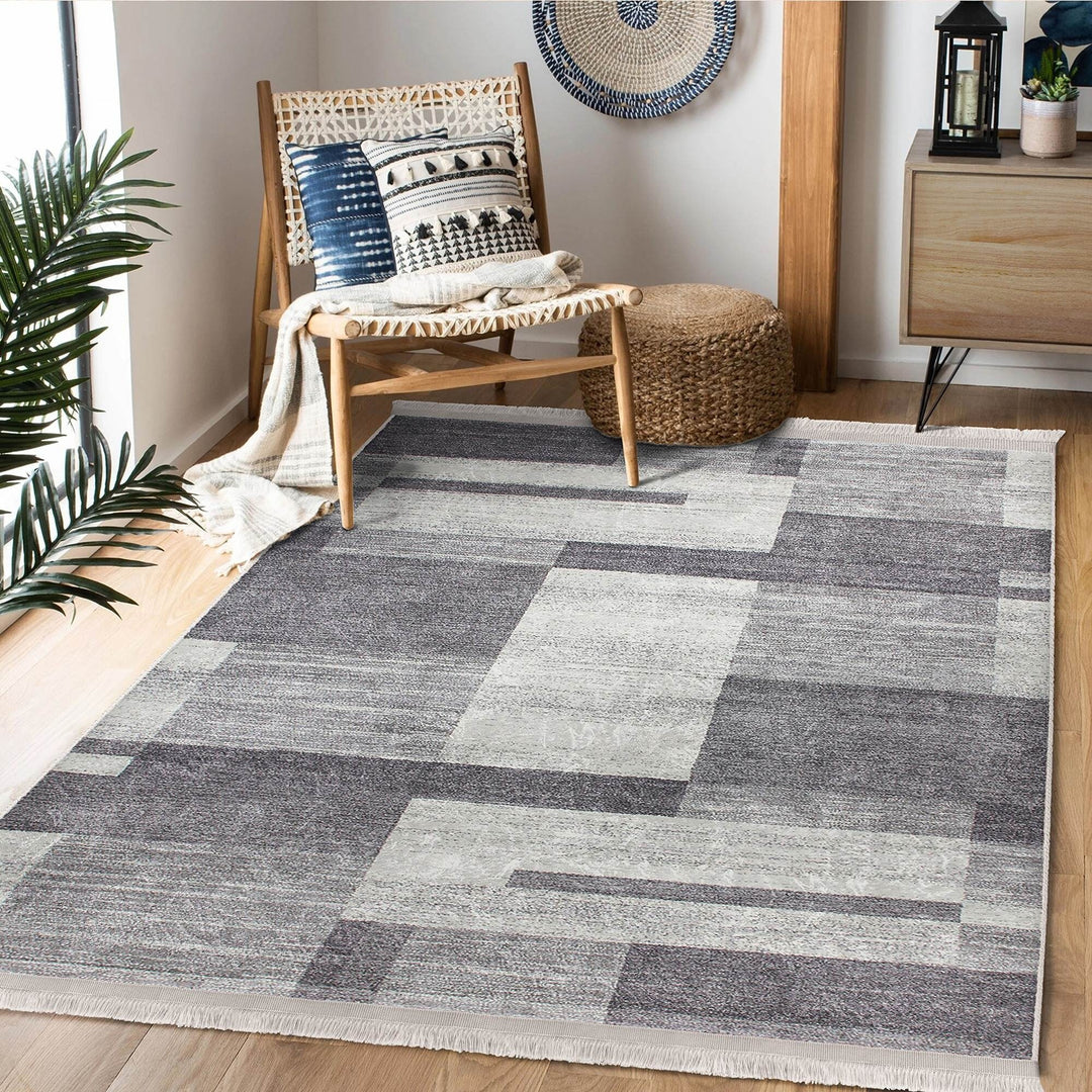 Abstract Area Rug|Gray Cream Carpet|Machine-Washable Fringed Non-Slip Mat|Farmhouse Multi-Purpose Anti-Slip Carpet|Geometric Living Room Rug