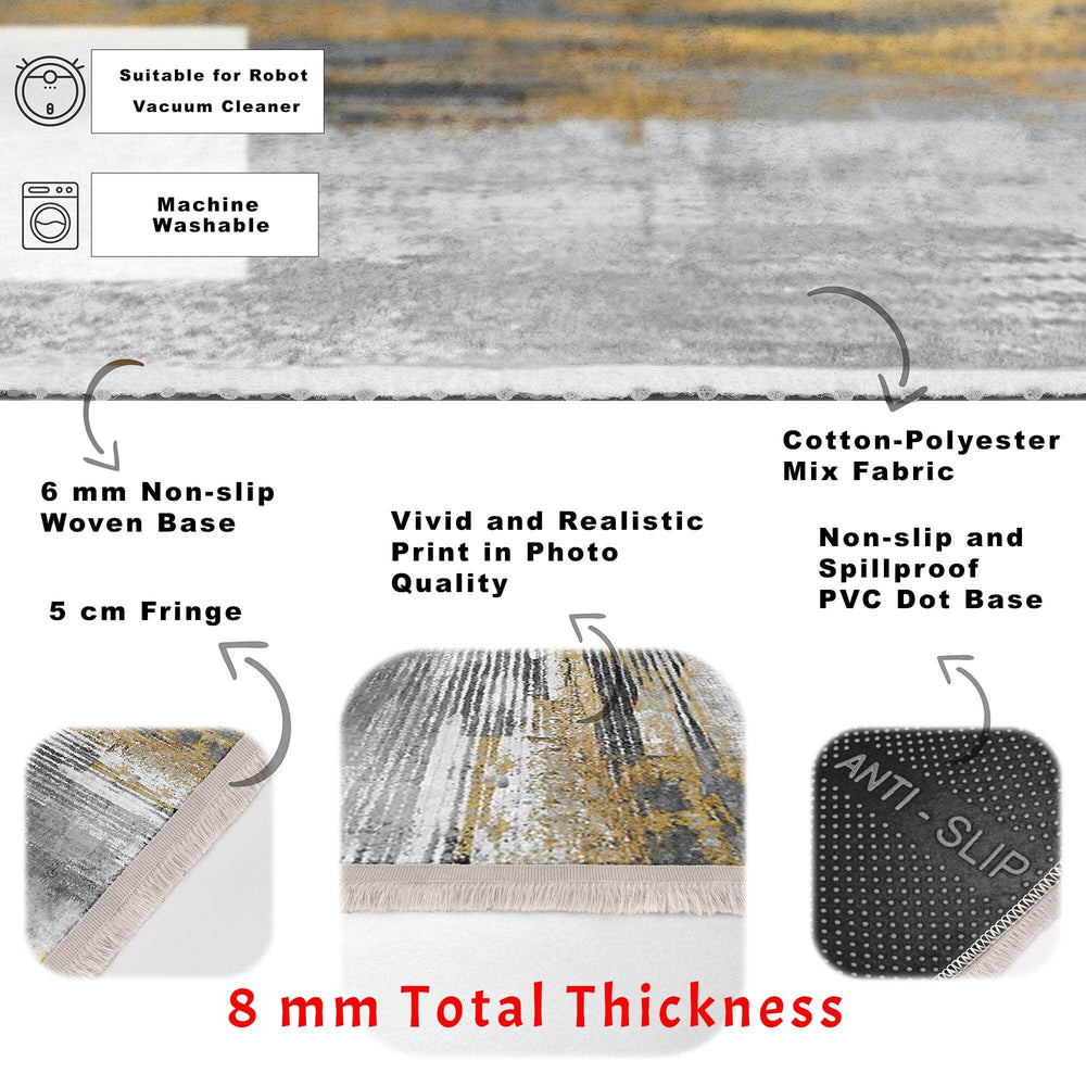 Abstract Area Rug|Gray Gold Carpet|Machine-Washable Fringed Non-Slip Mat|Farmhouse Multi-Purpose Anti-Slip Carpet|Boho Living Room Rug