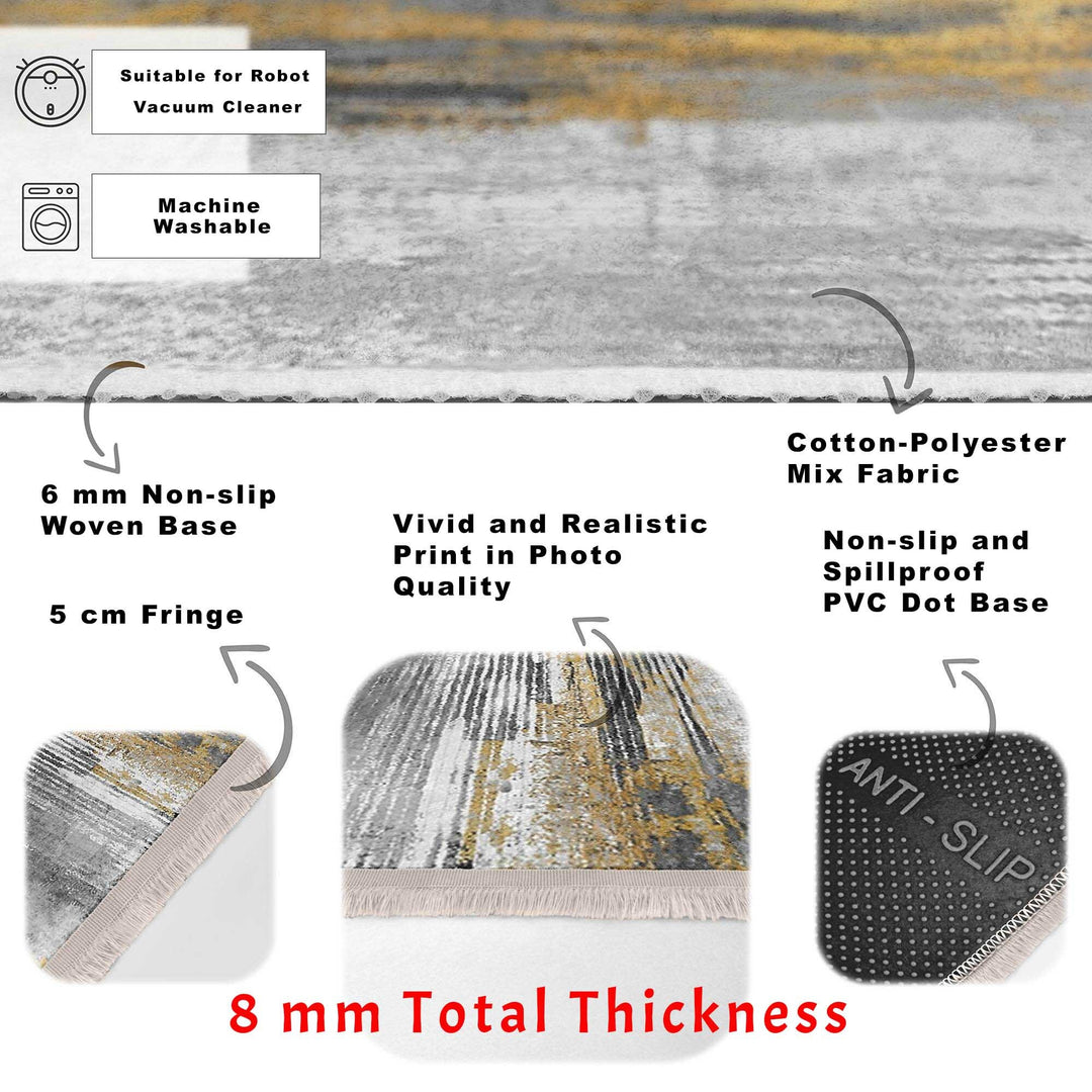 Abstract Area Rug|Gray Gold Carpet|Machine-Washable Fringed Non-Slip Mat|Farmhouse Multi-Purpose Anti-Slip Carpet|Boho Living Room Rug