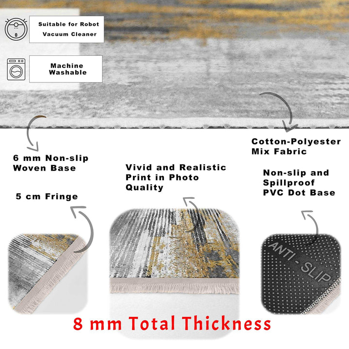 Abstract Area Rug|Gray Gold Carpet|Machine-Washable Fringed Non-Slip Mat|Farmhouse Multi-Purpose Anti-Slip Carpet|Boho Living Room Rug