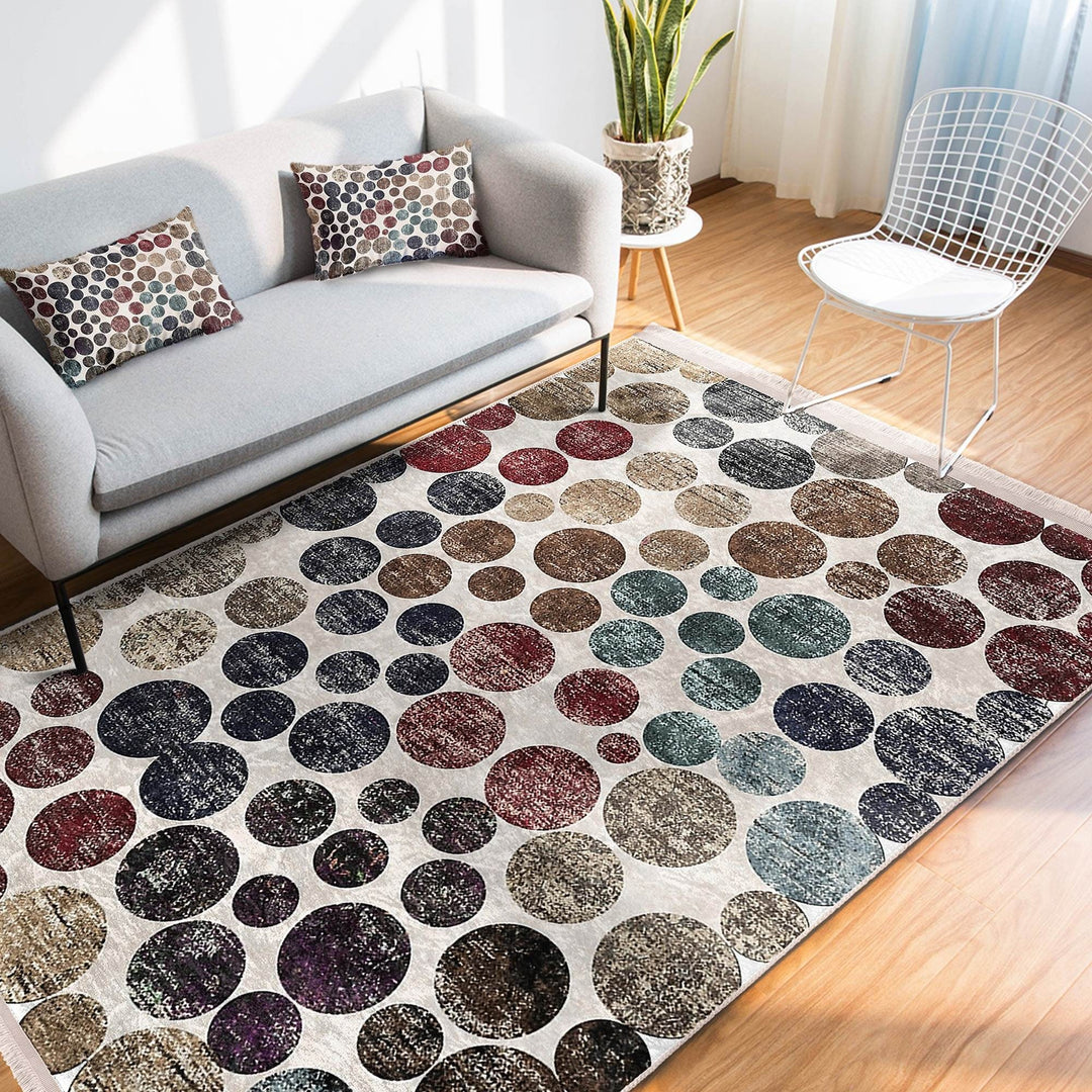 Circular Pattern Rug|Abstract Area Rug|Machine-Washable Fringed Non-Slip Mat|Stylish Multi-Purpose Anti-Slip Carpet|Boho Living Room Carpet