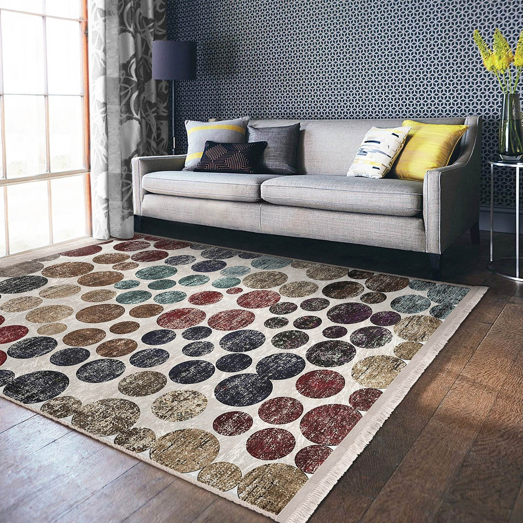 Circular Pattern Rug|Abstract Area Rug|Machine-Washable Fringed Non-Slip Mat|Stylish Multi-Purpose Anti-Slip Carpet|Boho Living Room Carpet
