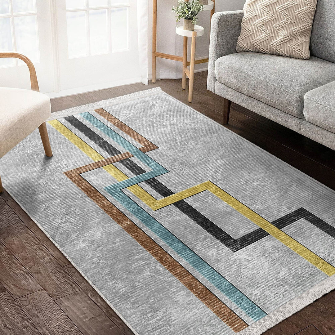 Abstract Area Rug|Boho Style Carpet|Machine-Washable Fringed Non-Slip Mat|Stylish Multi-Purpose Anti-Slip Carpet|Geometric Living Room Rug