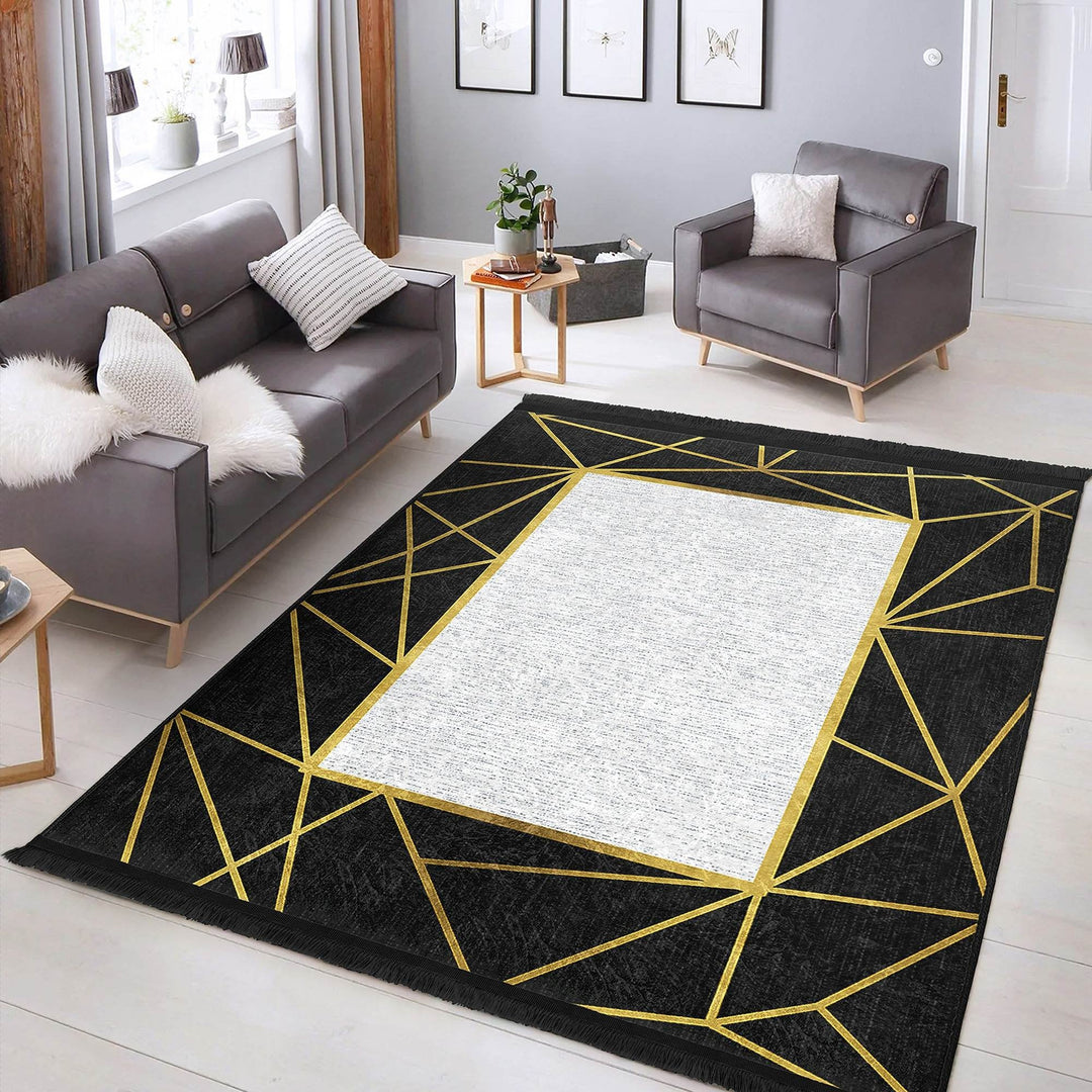 Bordered Area Carpet|Abstract Design Rug|Modern Floor Rug|Machine-Washable Fringed Non-Slip Mat|Multi-Purpose Anti-Slip Housewarming Carpet