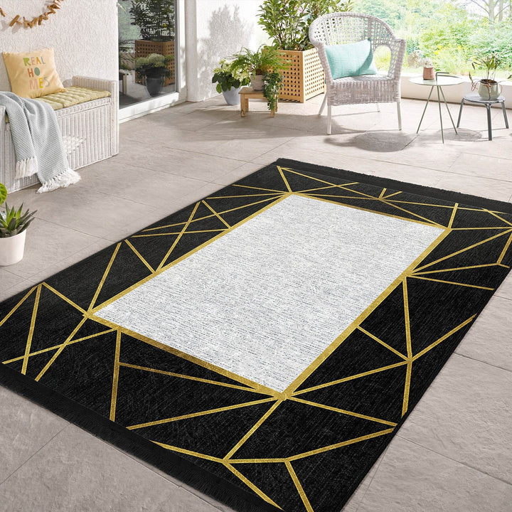 Bordered Area Carpet|Abstract Design Rug|Modern Floor Rug|Machine-Washable Fringed Non-Slip Mat|Multi-Purpose Anti-Slip Housewarming Carpet
