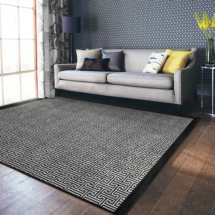 Greek Key Area Rug|Geometric Rug|Boho Design Carpet|Machine-Washable Fringed Non-Slip Mat|Multi-Purpose Anti-Slip Abstract Stylish Carpet