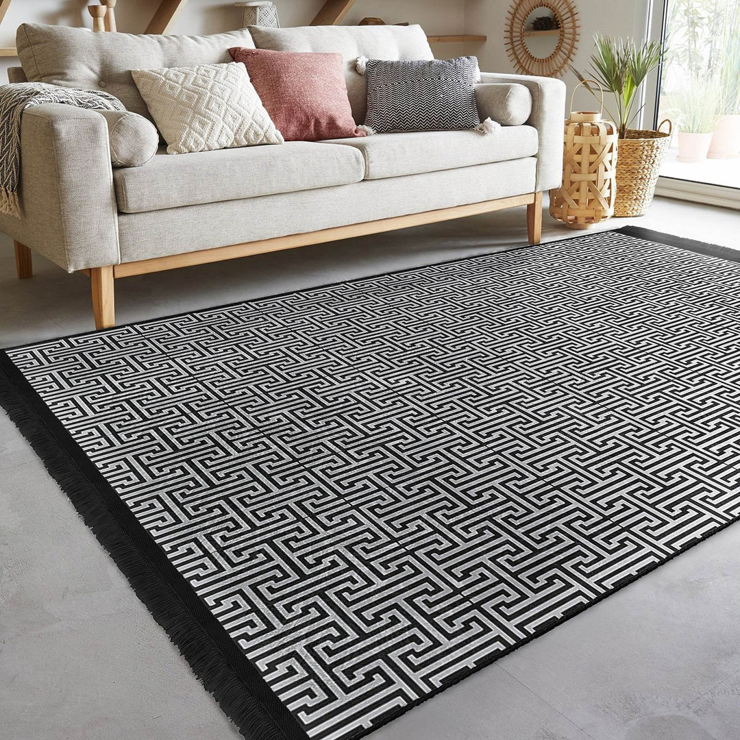 Greek Key Area Rug|Geometric Rug|Boho Design Carpet|Machine-Washable Fringed Non-Slip Mat|Multi-Purpose Anti-Slip Abstract Stylish Carpet