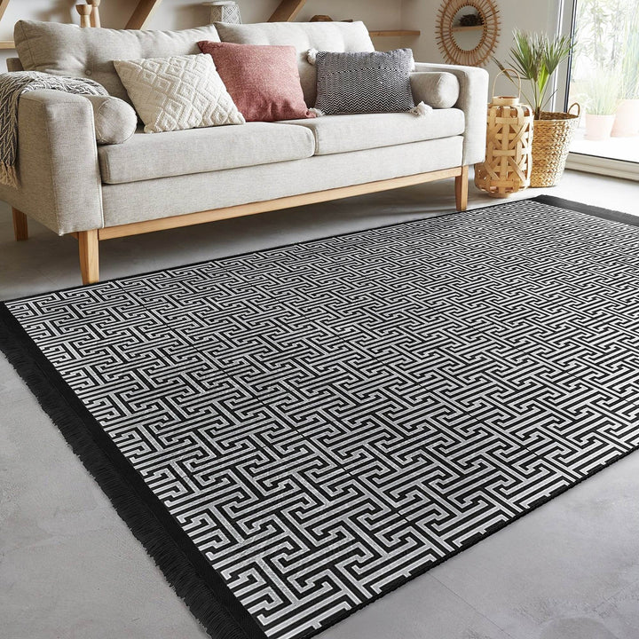 Greek Key Area Rug|Geometric Rug|Boho Design Carpet|Machine-Washable Fringed Non-Slip Mat|Multi-Purpose Anti-Slip Abstract Stylish Carpet