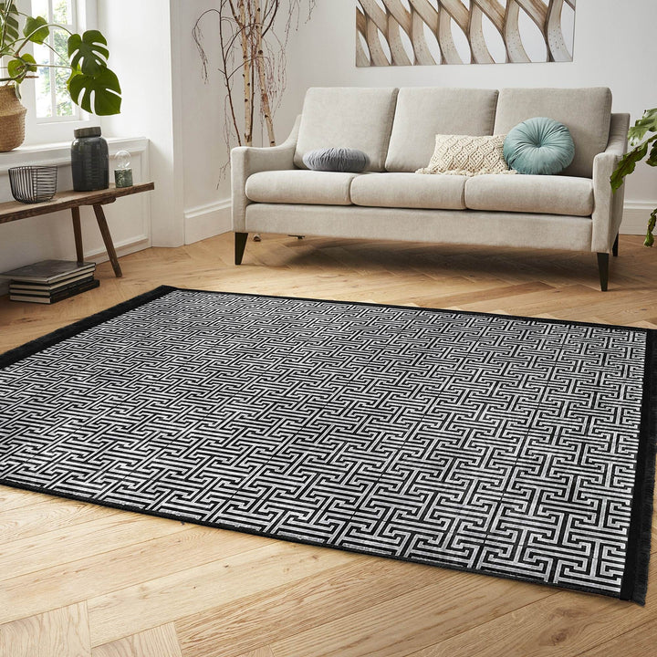 Greek Key Area Rug|Geometric Rug|Boho Design Carpet|Machine-Washable Fringed Non-Slip Mat|Multi-Purpose Anti-Slip Abstract Stylish Carpet