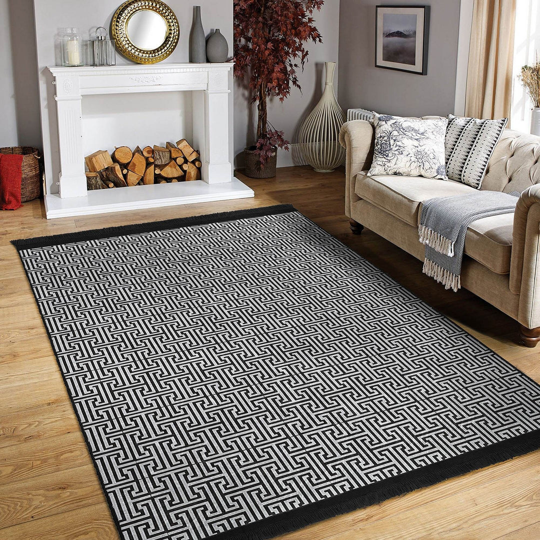 Greek Key Area Rug|Geometric Rug|Boho Design Carpet|Machine-Washable Fringed Non-Slip Mat|Multi-Purpose Anti-Slip Abstract Stylish Carpet