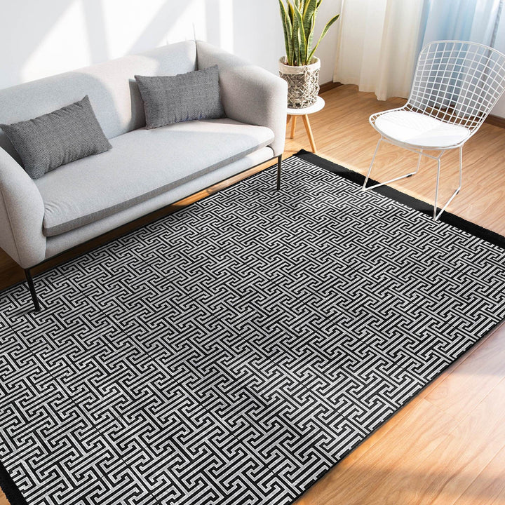 Greek Key Area Rug|Geometric Rug|Boho Design Carpet|Machine-Washable Fringed Non-Slip Mat|Multi-Purpose Anti-Slip Abstract Stylish Carpet