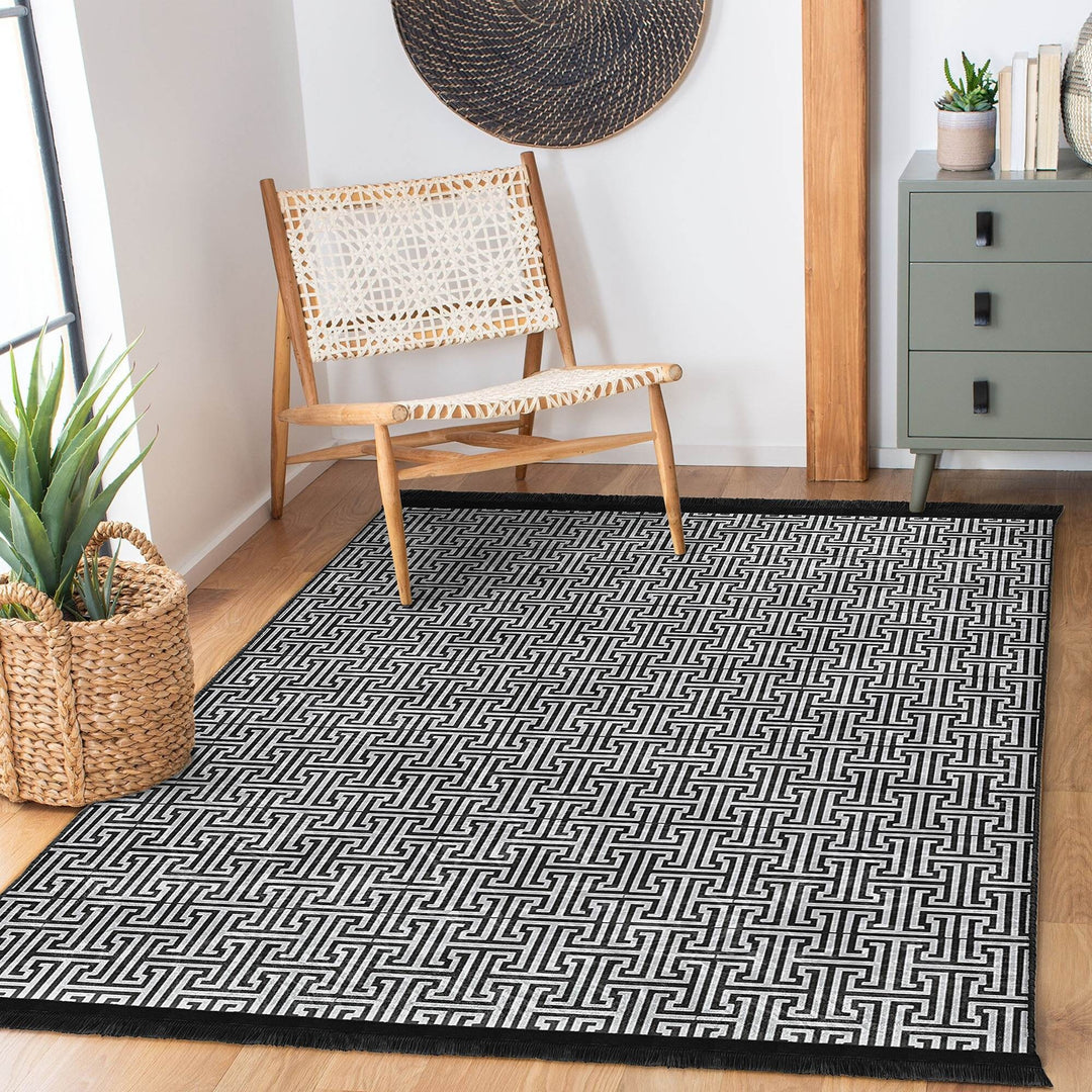 Greek Key Area Rug|Geometric Rug|Boho Design Carpet|Machine-Washable Fringed Non-Slip Mat|Multi-Purpose Anti-Slip Abstract Stylish Carpet