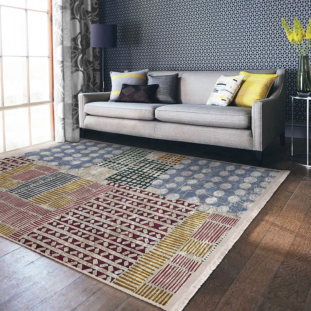 Abstract Area Carpet|Multi-Purpose Anti-Slip Housewarming Carpet|Farmhouse Style Rug|Boho Design Rug|Machine-Washable Fringed Non-Slip Mat