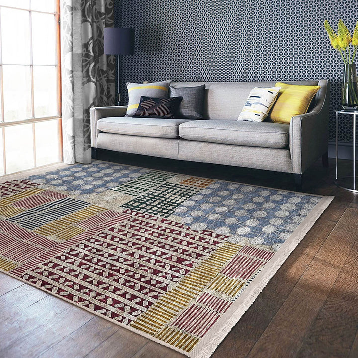 Abstract Area Carpet|Multi-Purpose Anti-Slip Housewarming Carpet|Farmhouse Style Rug|Boho Design Rug|Machine-Washable Fringed Non-Slip Mat