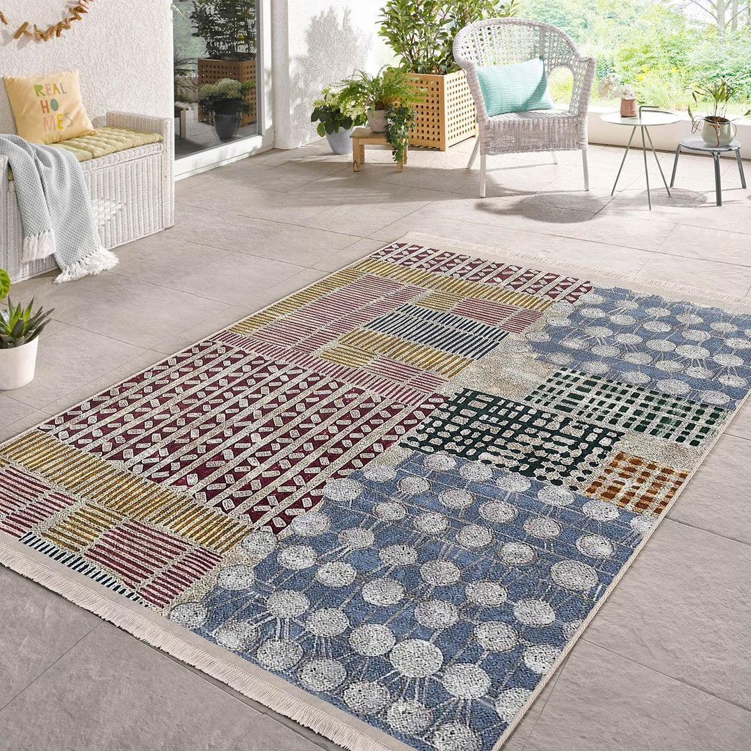Abstract Area Carpet|Multi-Purpose Anti-Slip Housewarming Carpet|Farmhouse Style Rug|Boho Design Rug|Machine-Washable Fringed Non-Slip Mat