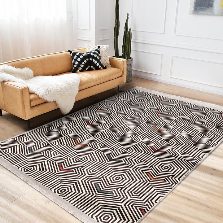Geometric Area Rug|Modern Style Rug|Boho Design Carpet|Machine-Washable Fringed Non-Slip Mat|Multi-Purpose Anti-Slip Abstract Stylish Carpet