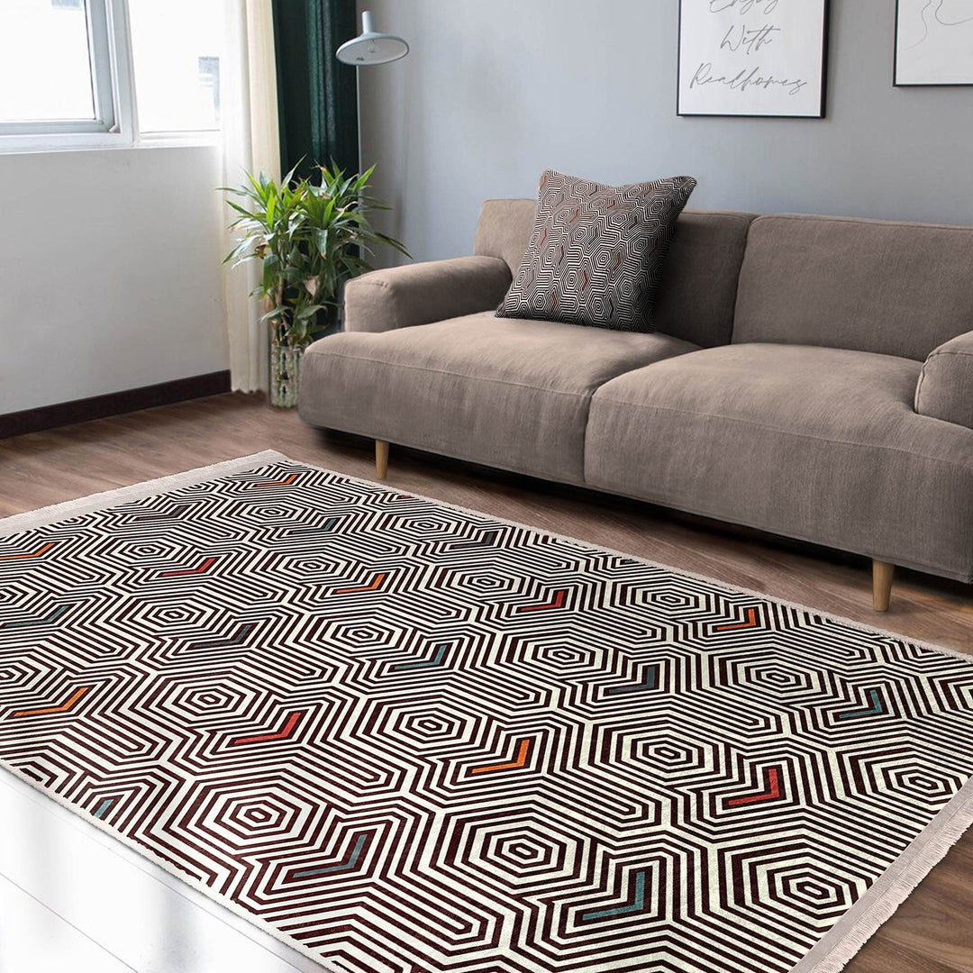 Geometric Area Rug|Modern Style Rug|Boho Design Carpet|Machine-Washable Fringed Non-Slip Mat|Multi-Purpose Anti-Slip Abstract Stylish Carpet
