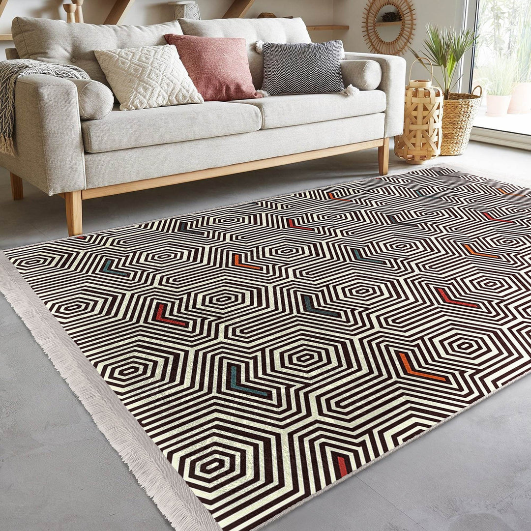 Geometric Area Rug|Modern Style Rug|Boho Design Carpet|Machine-Washable Fringed Non-Slip Mat|Multi-Purpose Anti-Slip Abstract Stylish Carpet