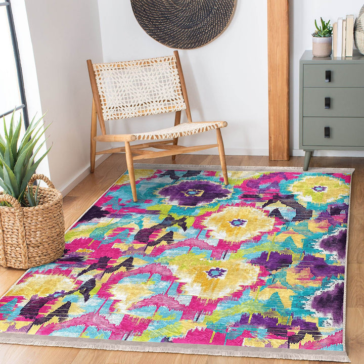 Colorful Area Rug|Abstract Home Decor|Boho Design Rug|Machine-Washable Fringed Non-Slip Mat|Multi-Purpose Anti-Slip Housewarming Carpet