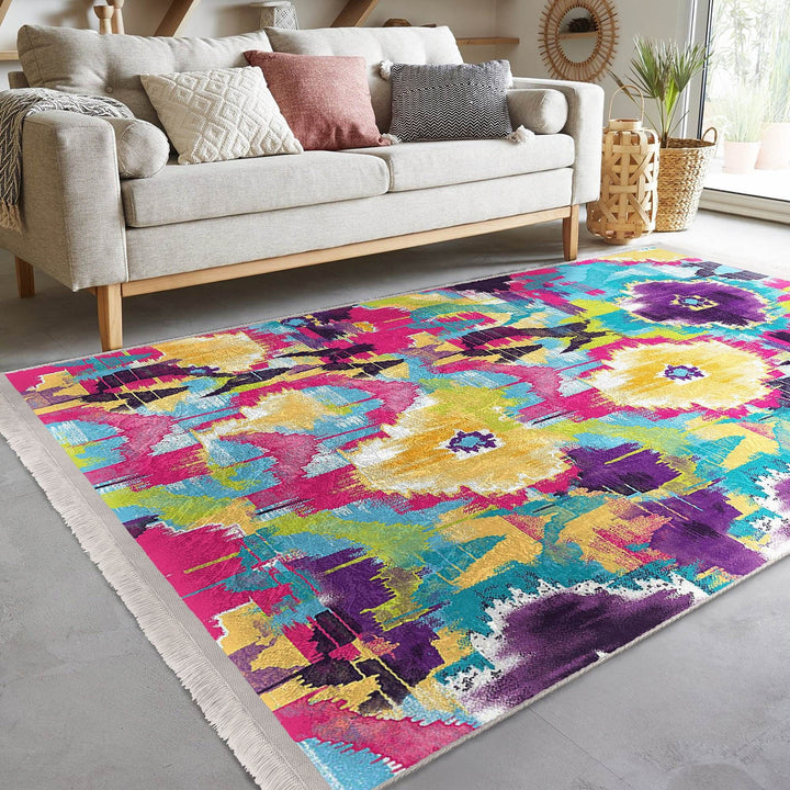 Colorful Area Rug|Abstract Home Decor|Boho Design Rug|Machine-Washable Fringed Non-Slip Mat|Multi-Purpose Anti-Slip Housewarming Carpet