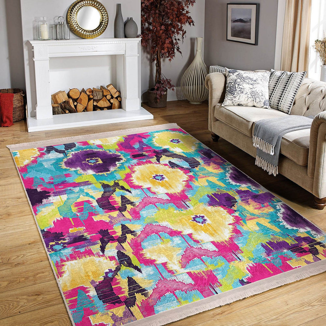 Colorful Area Rug|Abstract Home Decor|Boho Design Rug|Machine-Washable Fringed Non-Slip Mat|Multi-Purpose Anti-Slip Housewarming Carpet