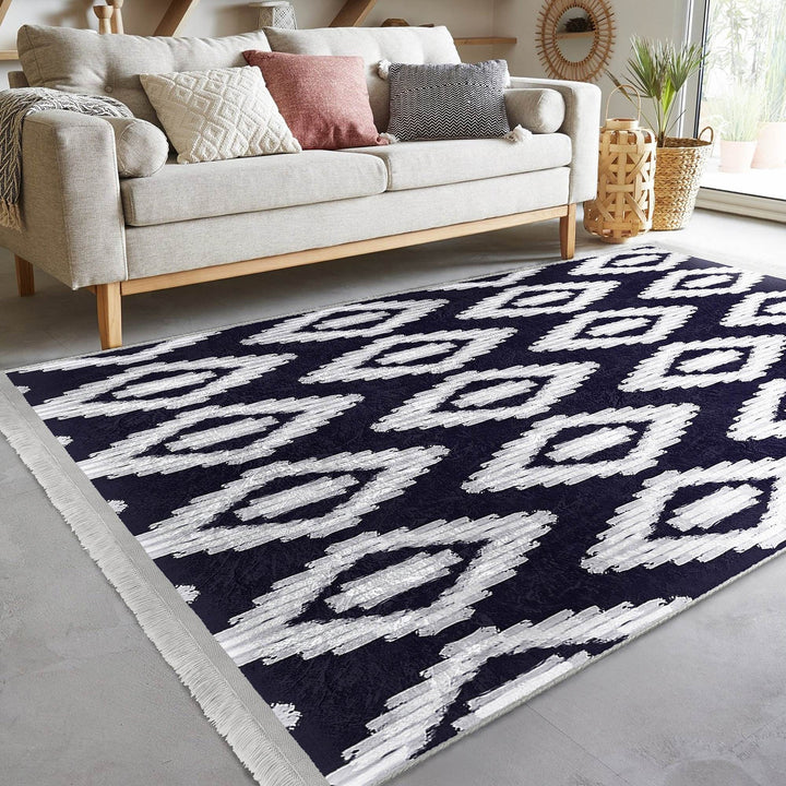 Diamond Pattern Rug|Geometric Area Rug|Machine-Washable Fringed Non-Slip Mat|Boho Design Carpet|Multi-Purpose Anti-Slip Abstract Carpet