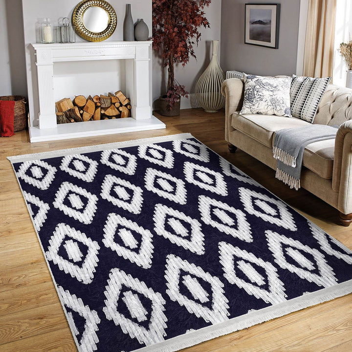 Diamond Pattern Rug|Geometric Area Rug|Machine-Washable Fringed Non-Slip Mat|Boho Design Carpet|Multi-Purpose Anti-Slip Abstract Carpet