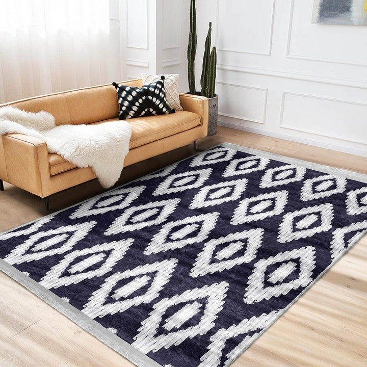 Diamond Pattern Rug|Geometric Area Rug|Machine-Washable Fringed Non-Slip Mat|Boho Design Carpet|Multi-Purpose Anti-Slip Abstract Carpet