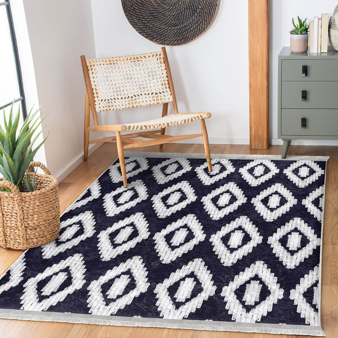 Diamond Pattern Rug|Geometric Area Rug|Machine-Washable Fringed Non-Slip Mat|Boho Design Carpet|Multi-Purpose Anti-Slip Abstract Carpet