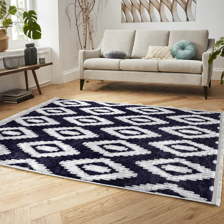 Diamond Pattern Rug|Geometric Area Rug|Machine-Washable Fringed Non-Slip Mat|Boho Design Carpet|Multi-Purpose Anti-Slip Abstract Carpet